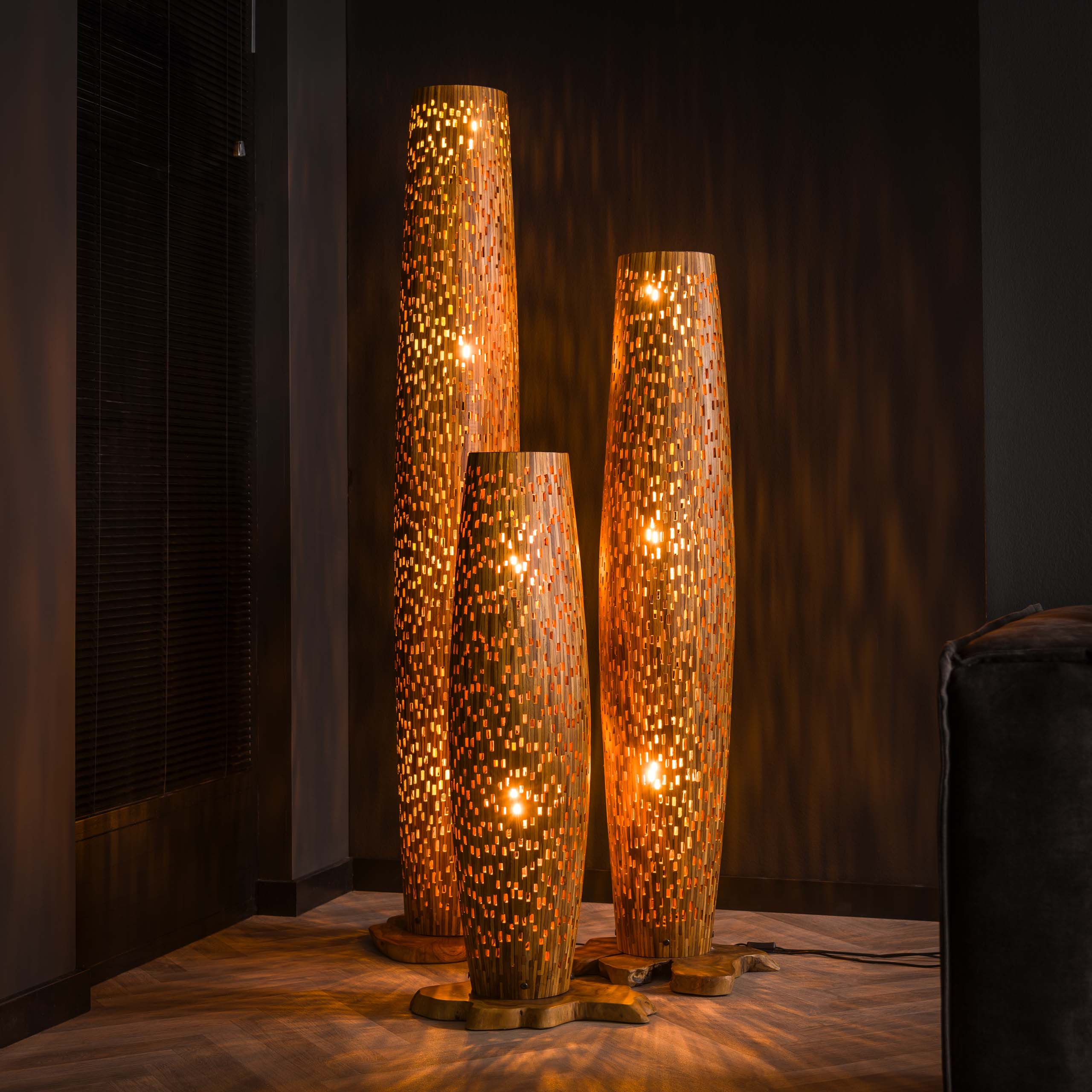 Barsa L 4-lichts - massief teakhouten vloerlamp