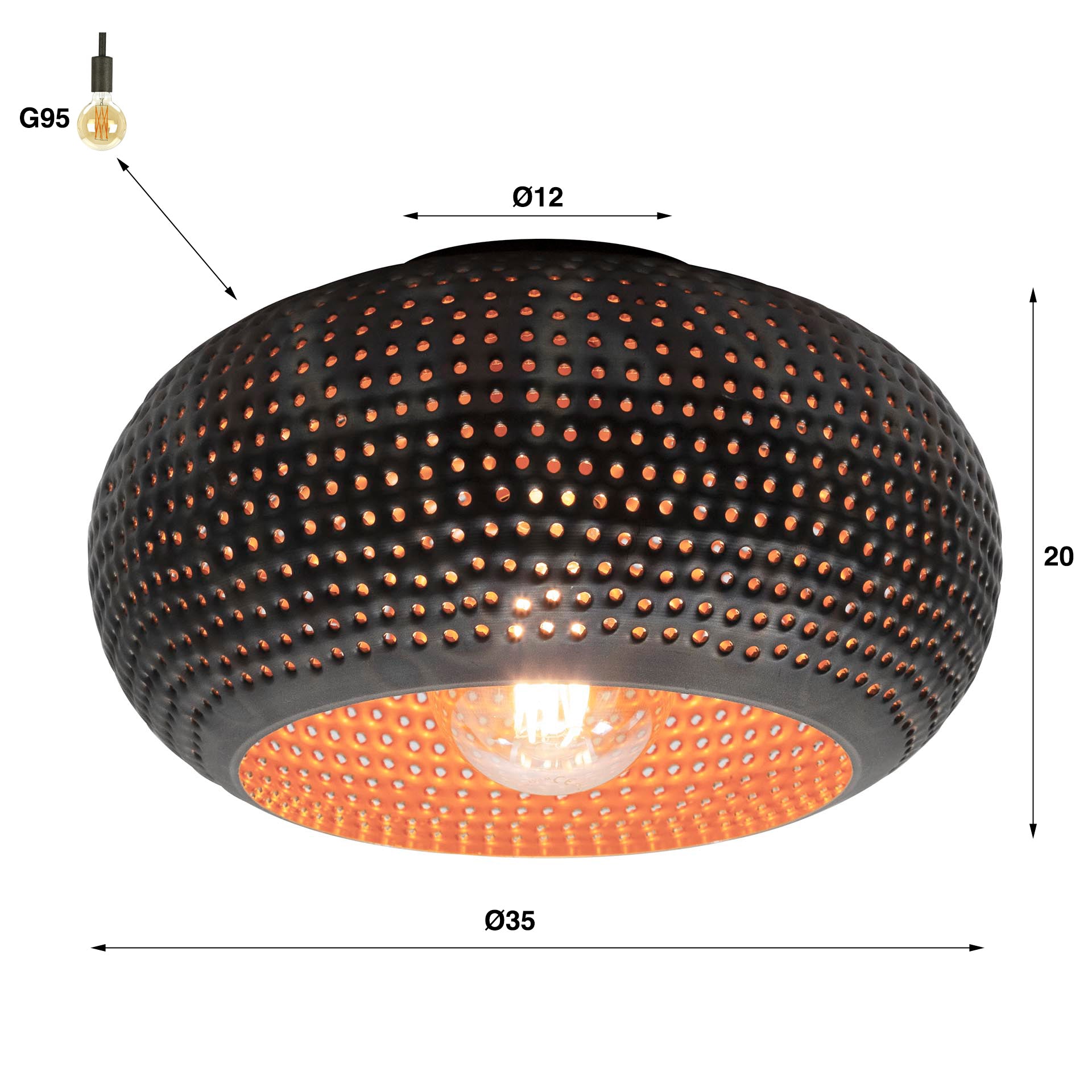 Punchara zwart bruin 1-lichts Ø35cm plafondlamp