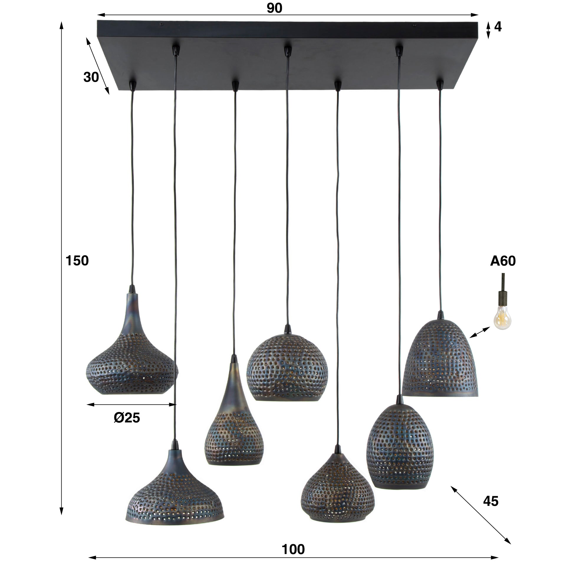 Puncera 4+3-licht - Zwartbruine hanglamp