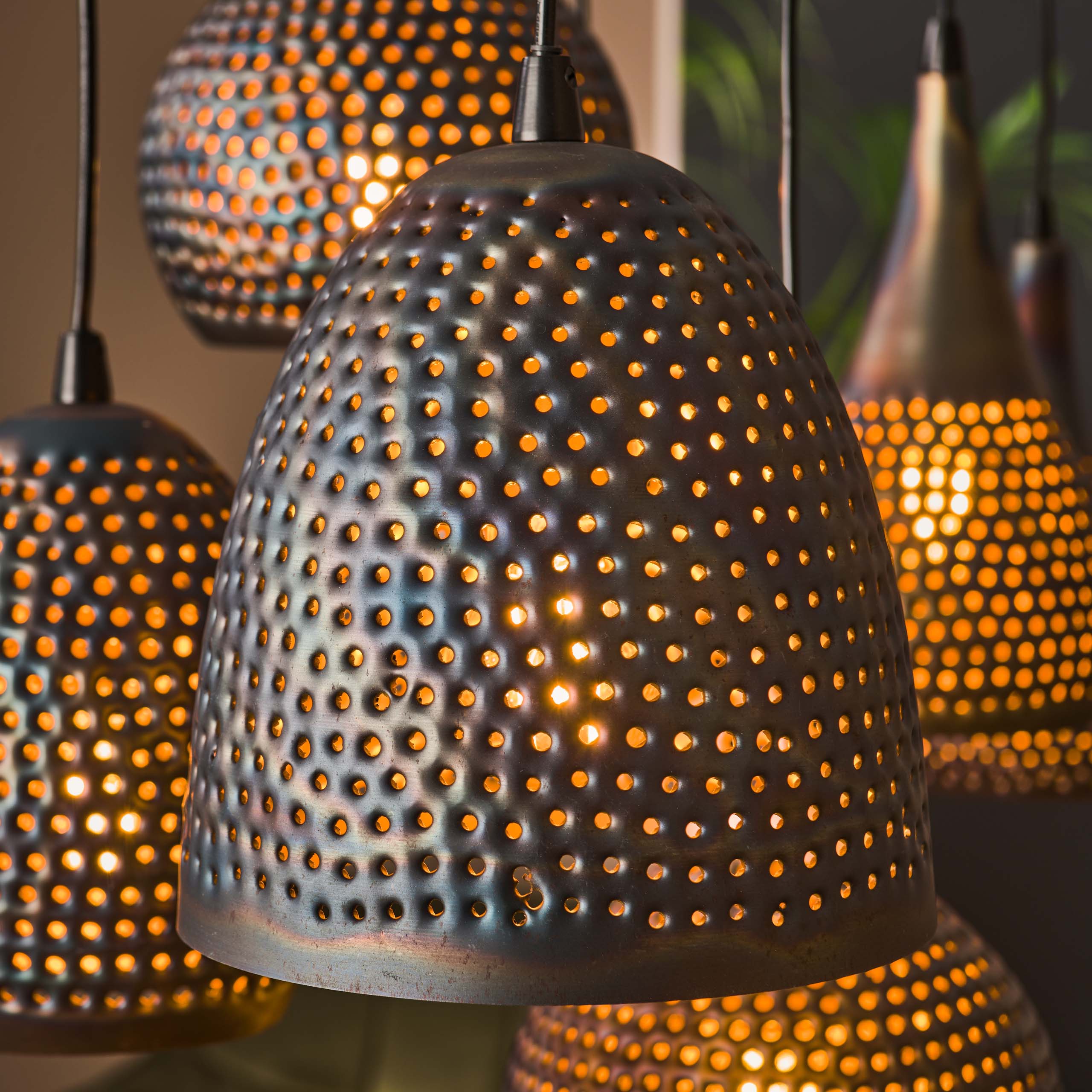 Puncera 4+3-licht - Zwartbruine hanglamp