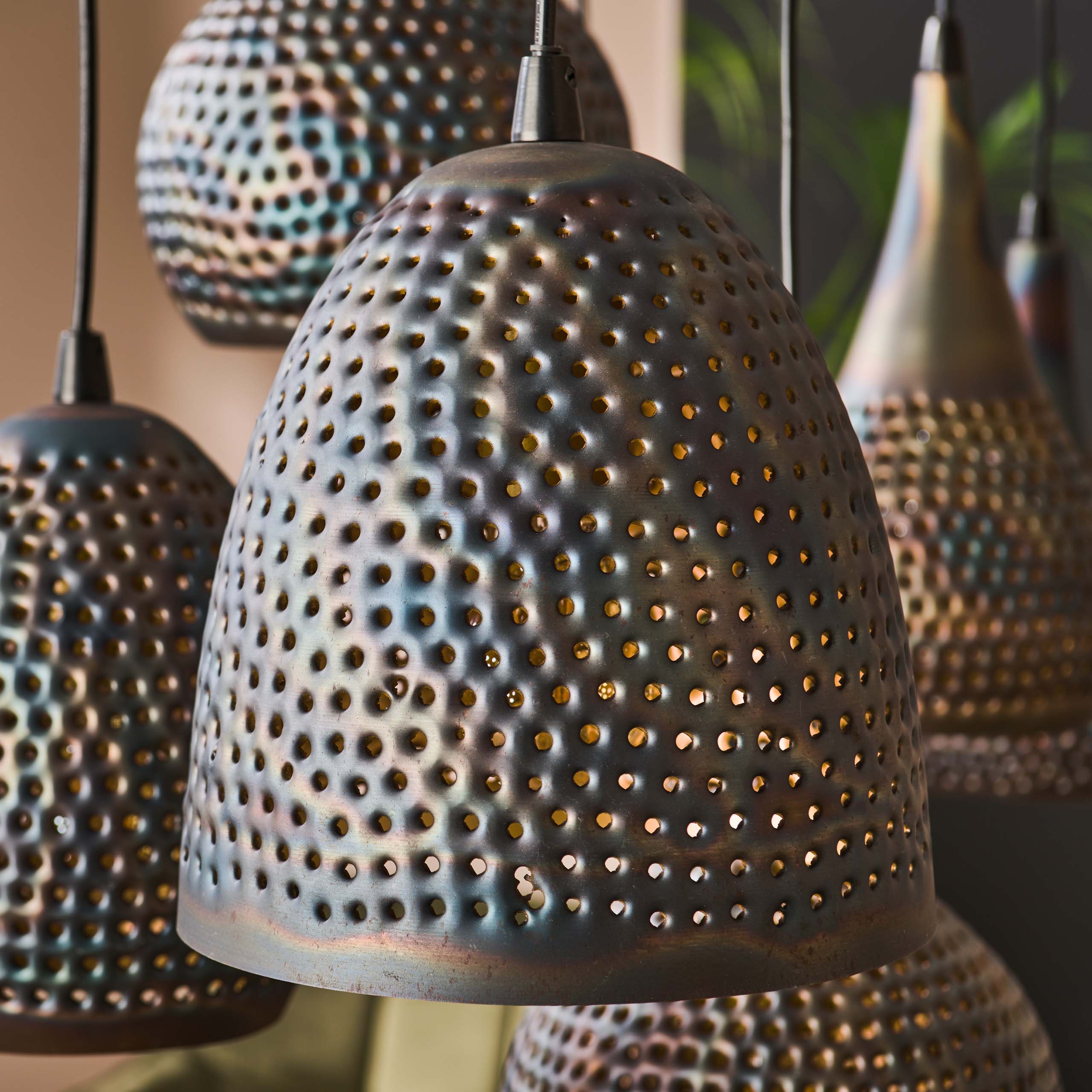 Puncera 4+3-licht - Zwartbruine hanglamp