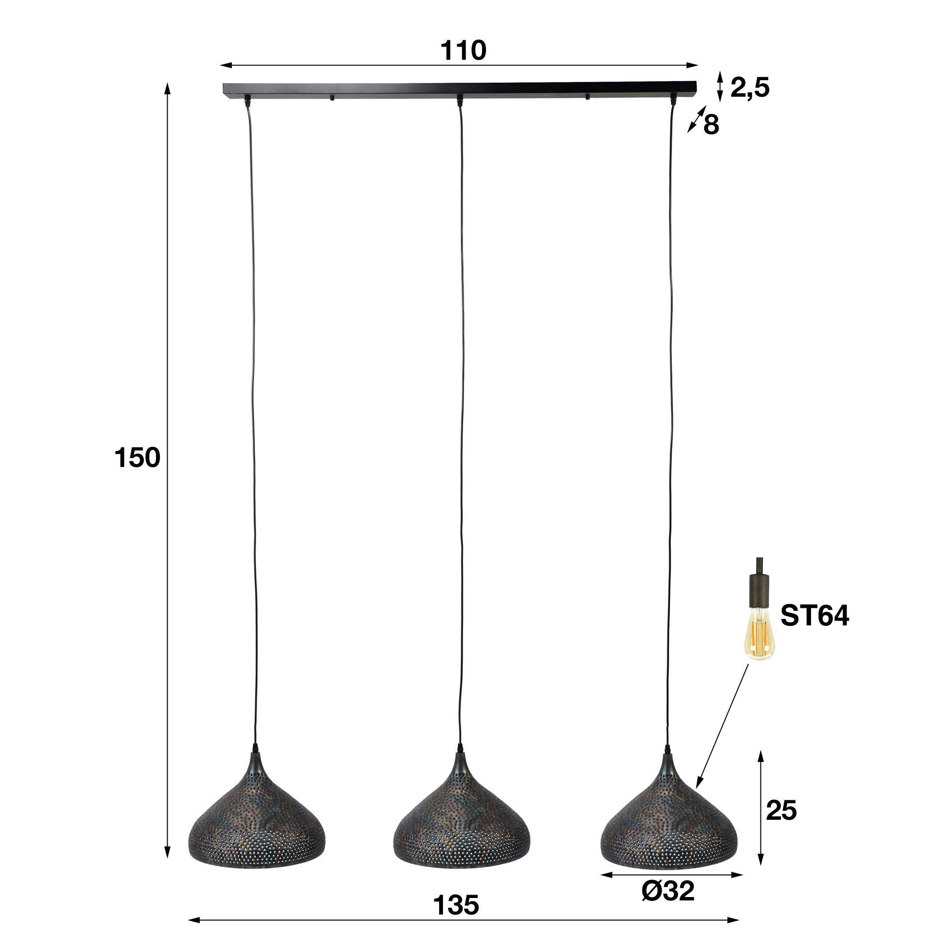 Puncera hanglamp 3-lichts - Zwartbruin