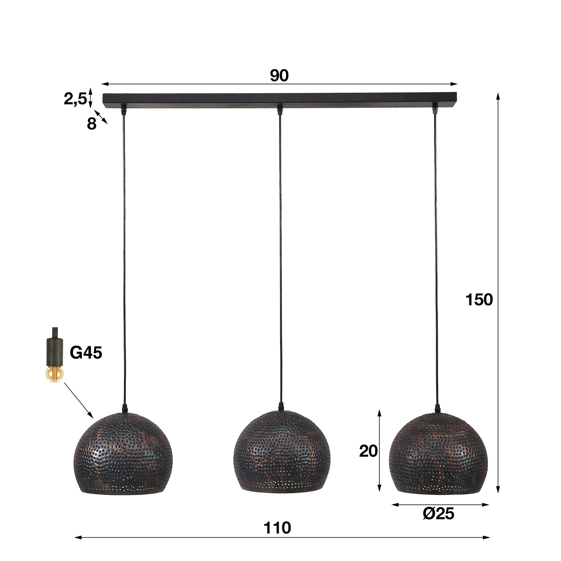 Puncera Orb 3-lichts - Zwartbruine hanglamp