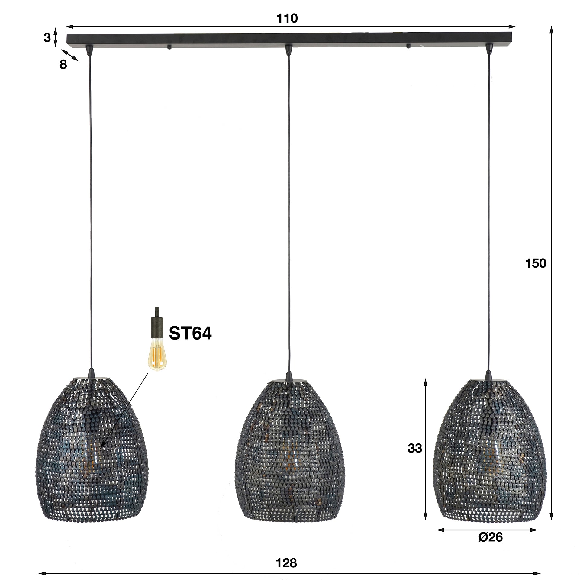 Armora Ovaal 3-lichts - Zwartbruine hanglamp