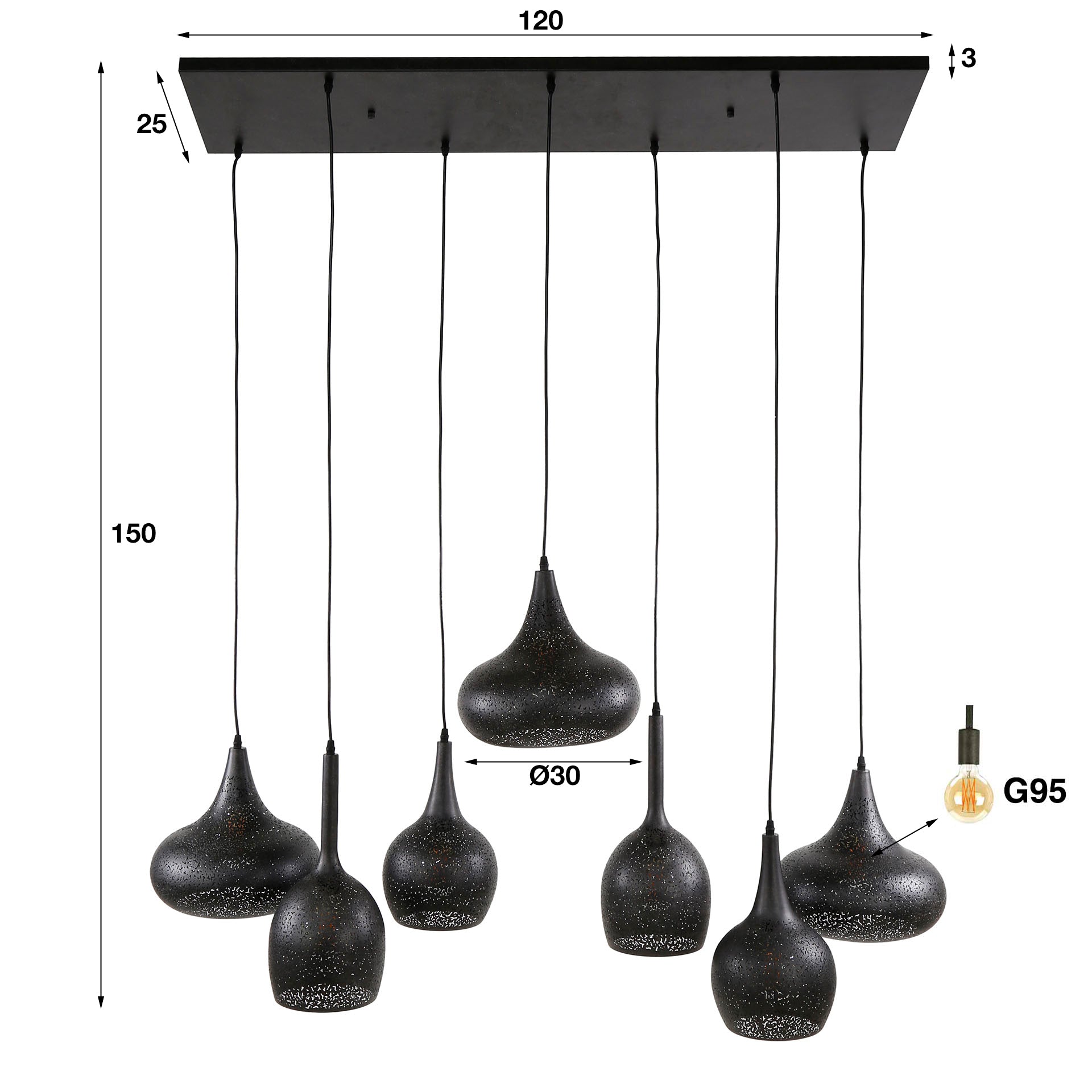 Zipora 4+3-lichts - Artic zwarte hanglamp