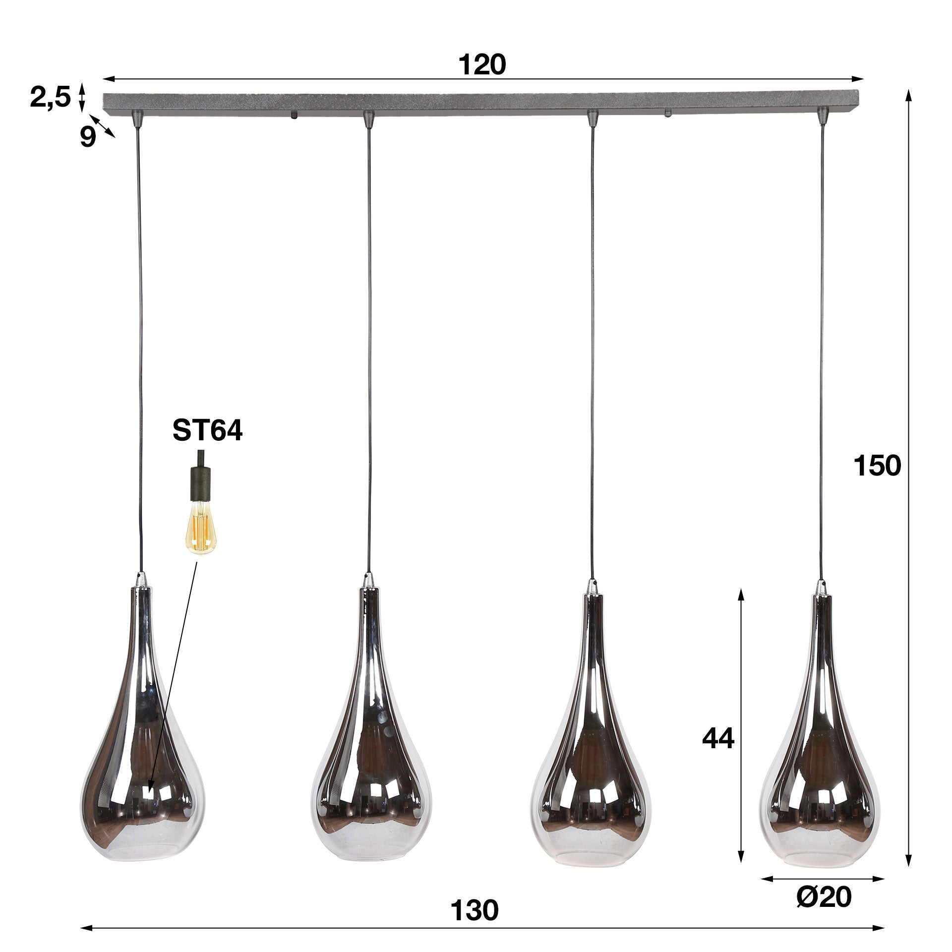 Silvara Drop 4-lichts - Chroom glazen hanglamp