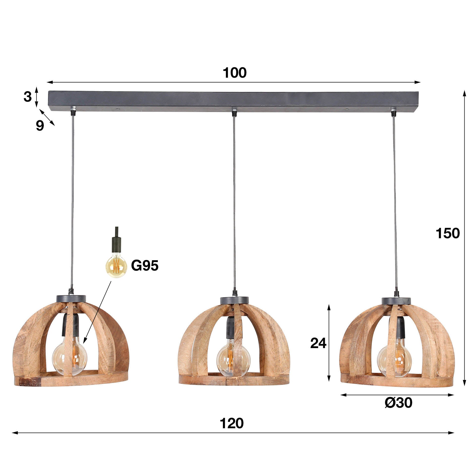 Orbora 3-lichts - Massief mango hanglamp