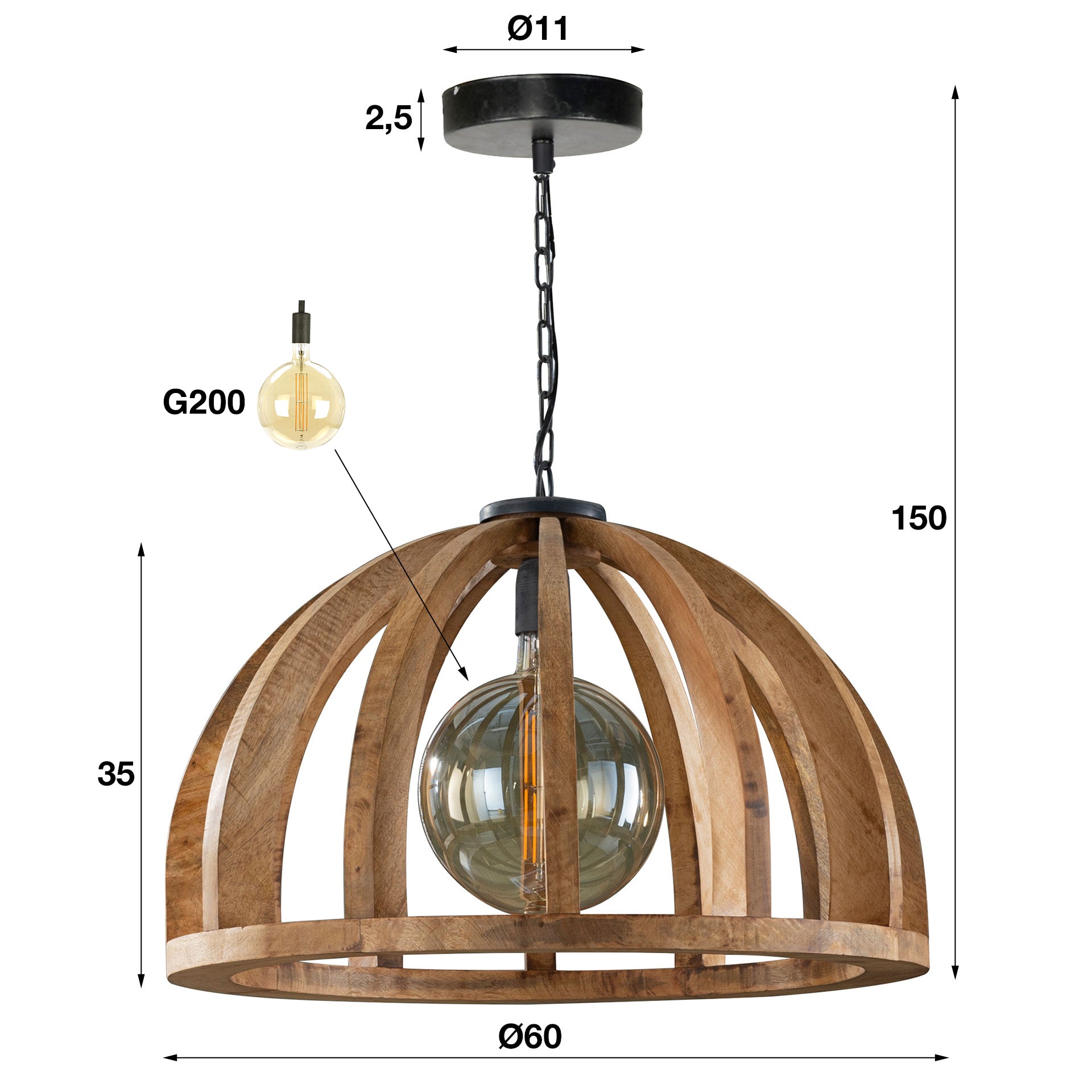 Orbora 1-lichts Ø60cm - Massief mango hanglamp