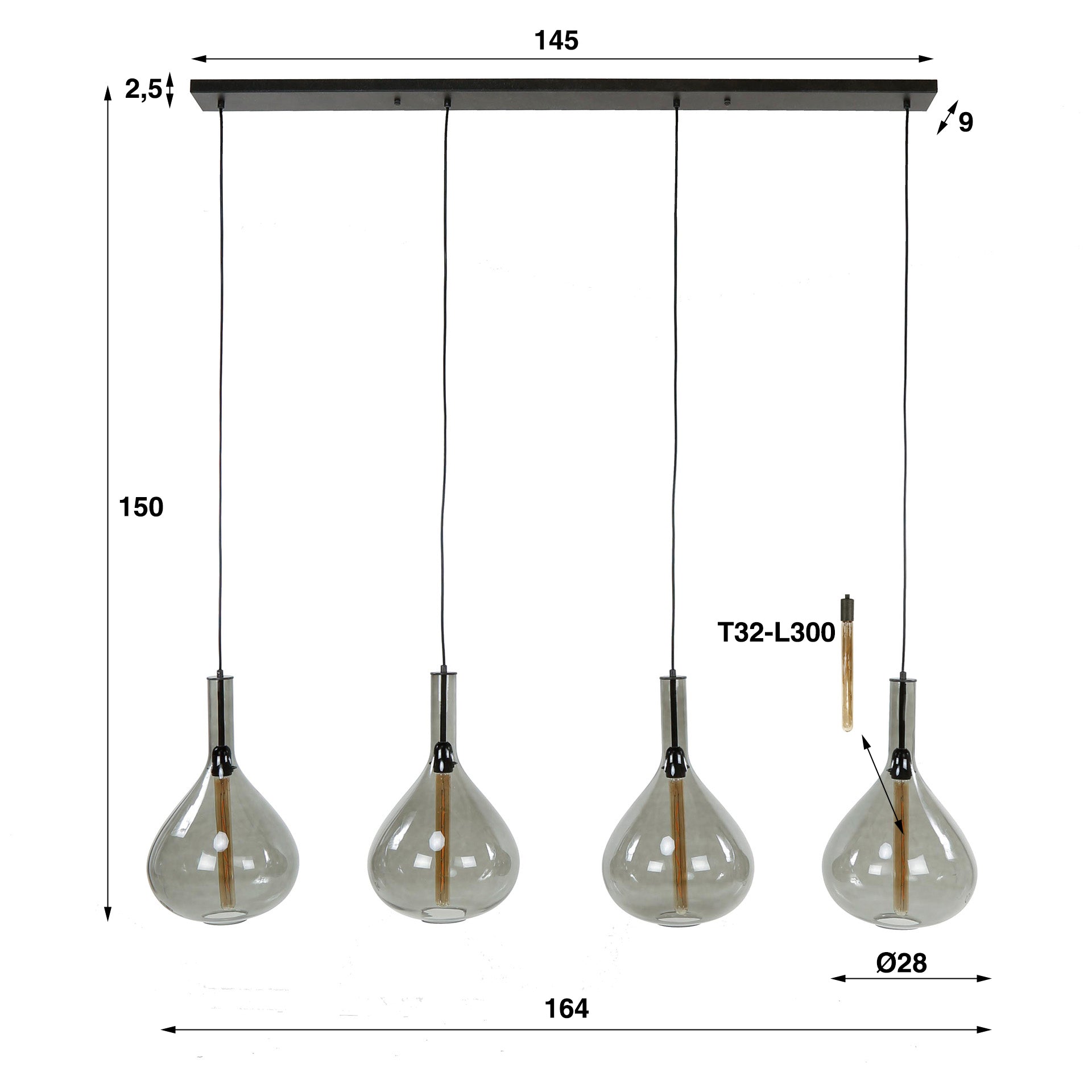 Smoria gerookte druppel 4-lichts - Artic zwarte hanglamp