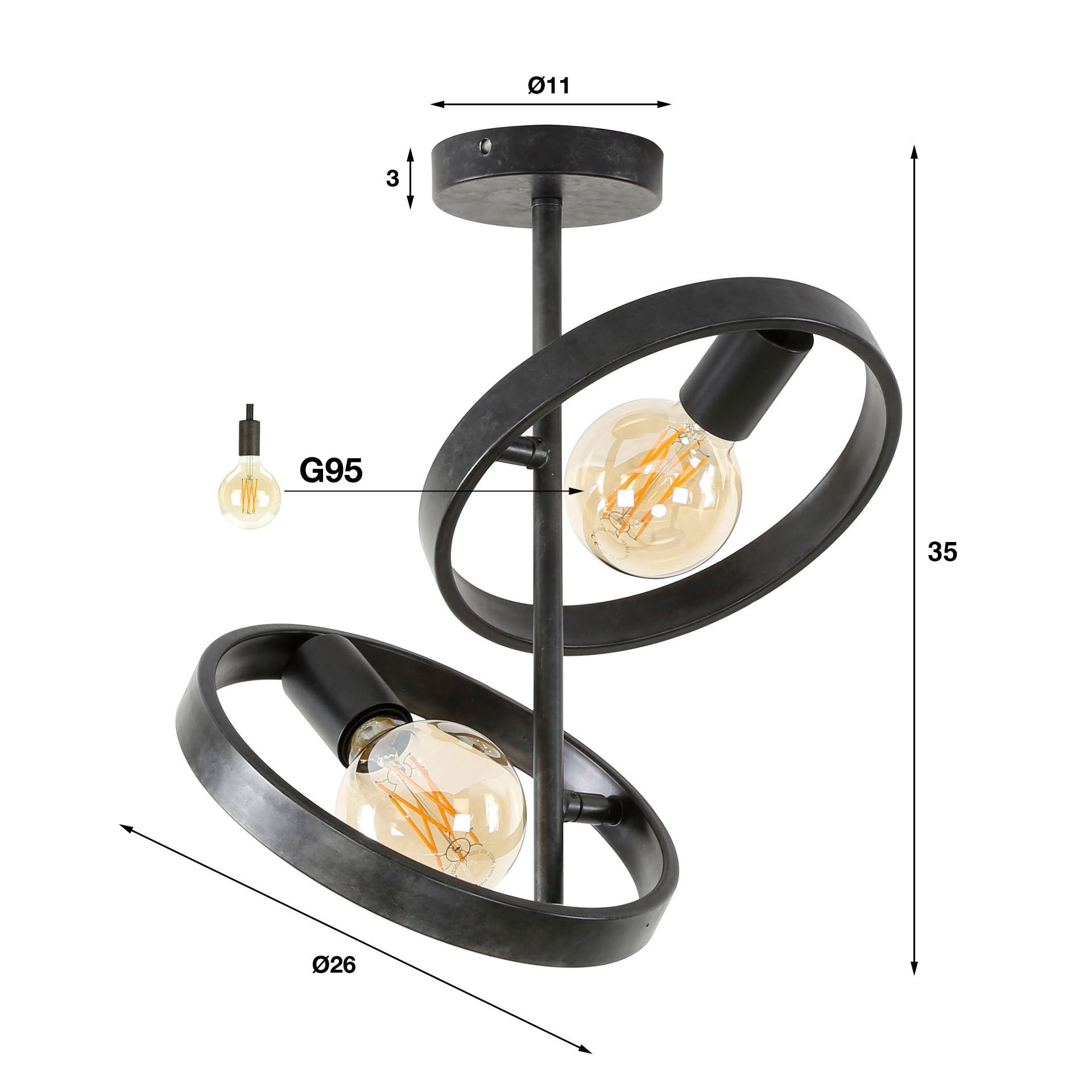Hovira houtskool 2-lichts plafondlamp