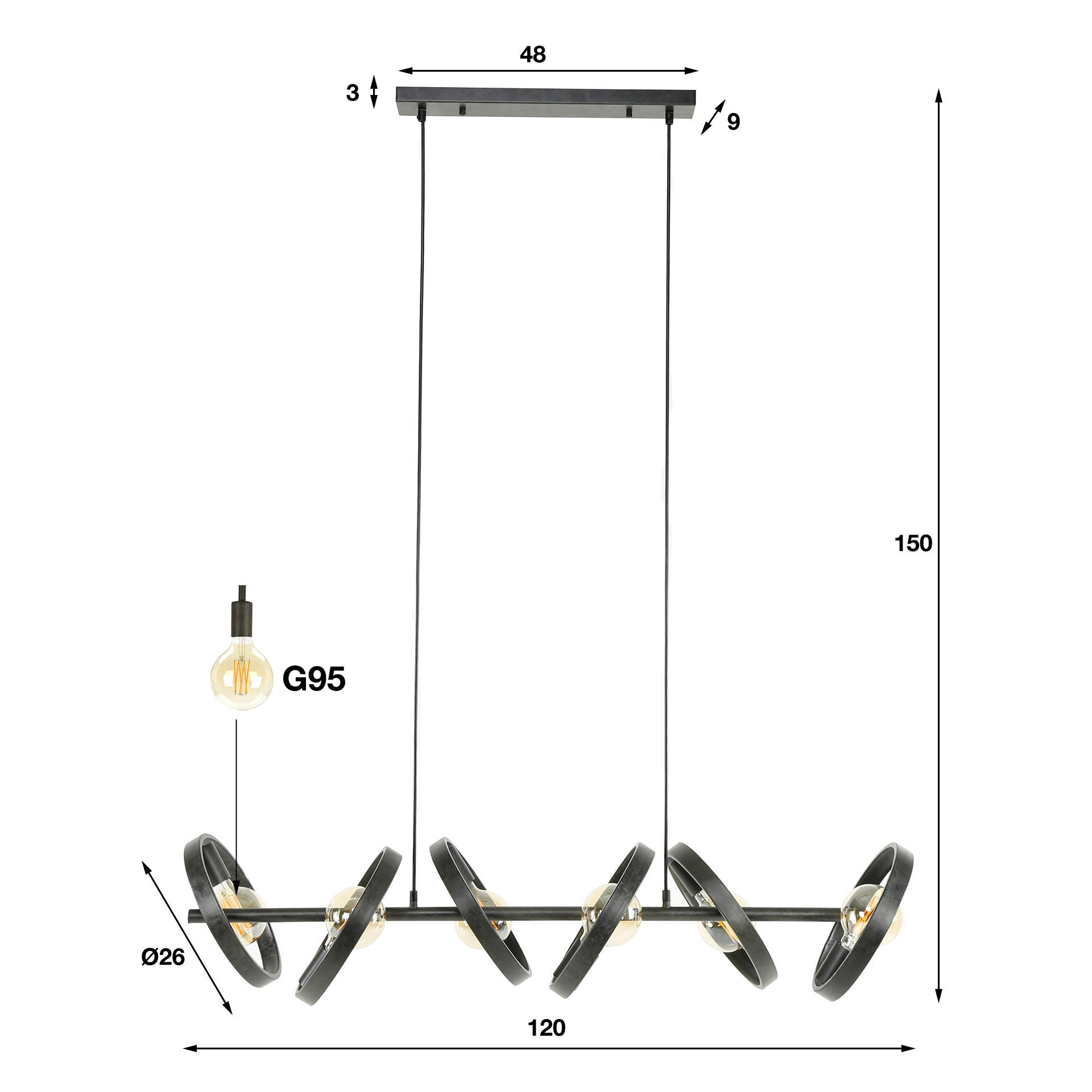 Hovera 6-lichts - Houtskool hanglamp