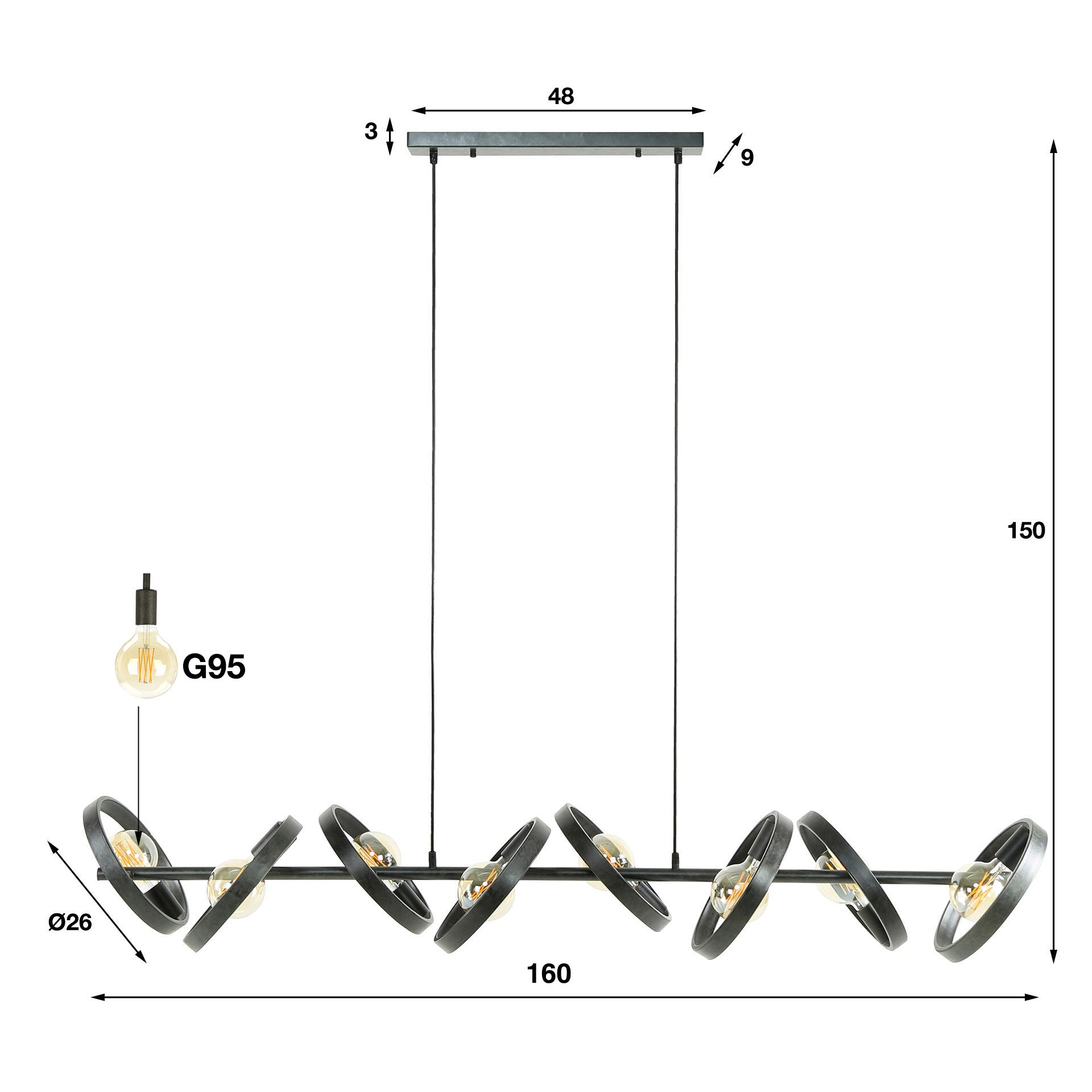 Hovera 8-lichts - Houtskool hanglamp