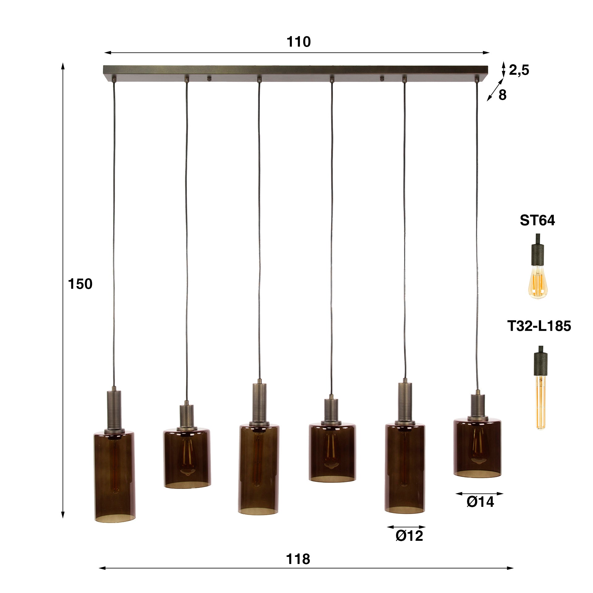 Sepora 6-lichts - Sienna bruine hanglamp