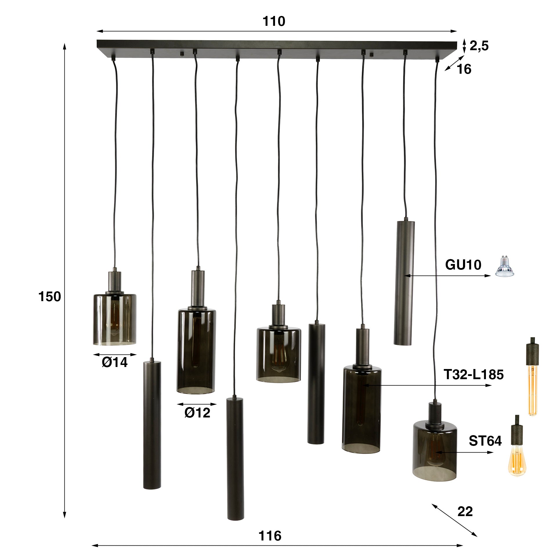 Sepora 5+4-lichts - Siena bruine hanglamp